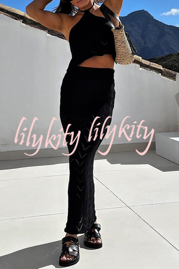 Solid Knit Hollow Halter Top and Stretch Fit Maxi Skirt Set