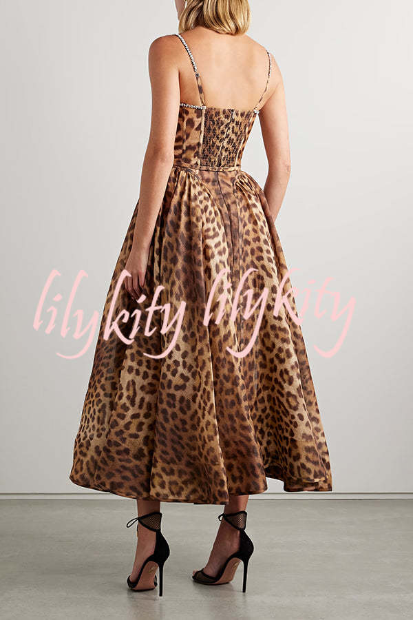 Unleash Your Wild Leopard Rhinestone Trim Back Smocked Midi Dress