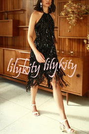 Sexy Sleeveless Halter Neck Tassel Sequin Mini Dress