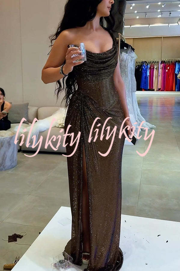 Glitzy Gala Glitter Fabric One Shoulder Ruched Slit Maxi Dress