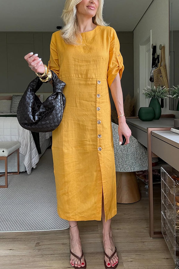 Ultra-comfortable Linen Blend Half Sleeve Front Button Detail Relaxed Pocket Midi Dress