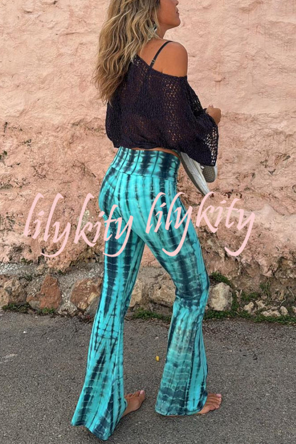 Balvin Tie Dye Print Ruched Lace-up Waist Stretch Flare Pants