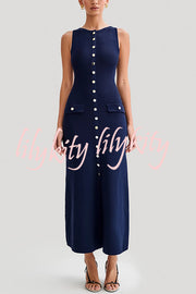 Solid Color Slim Fit Crew Neck Button Up Sleeveless Knitted Maxi Dress