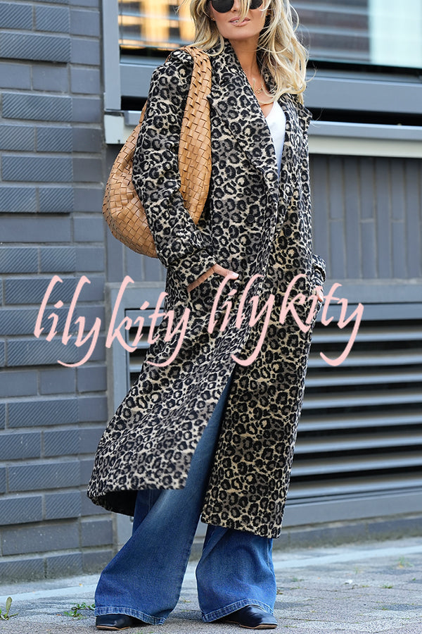 Leopard Affair Animal Print Epaulettes Long Sleeve Pocketed Lapel Midi Trench Coat