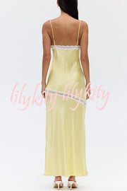 Sweet Trend Satin Lace Trim V-neck Slit Slip Maxi Dress
