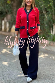 Stylish Color-blocked V-neck Knitted Button-down Cardigan and Elastic Waist Casual Wide-leg Pants Set