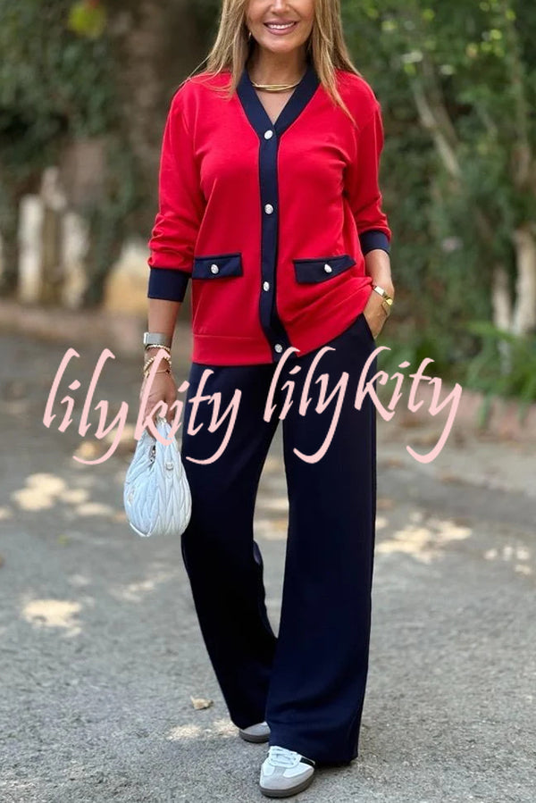 Stylish Color-blocked V-neck Knitted Button-down Cardigan and Elastic Waist Casual Wide-leg Pants Set