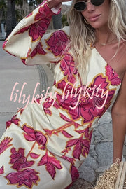 Rhia Satin Floral Print One Shoulder Flared Maxi Dress