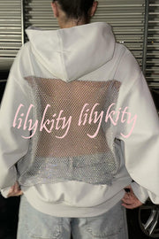 Fashionable Shiny Mesh Hollow Back Loose Long-sleeved Hooded Sweatshirt