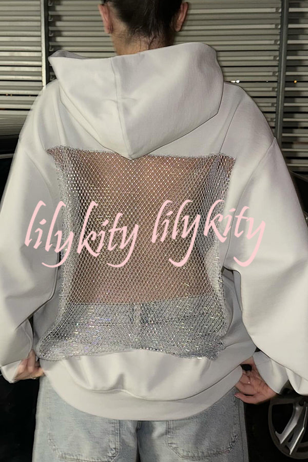 Fashionable Shiny Mesh Hollow Back Loose Long-sleeved Hooded Sweatshirt