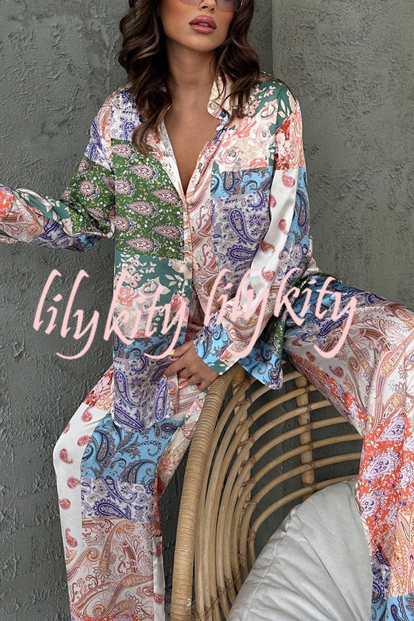 Unique Ethnic Print Long-sleeved Shirt and Elastic Waist Pants Set