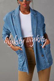 Breaking The Rules Denim Button Up Lapel Loose Blazer Jacket