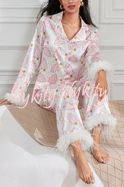 Christmas Print Feather Trim Elastic Waist Pocket Pajama Set