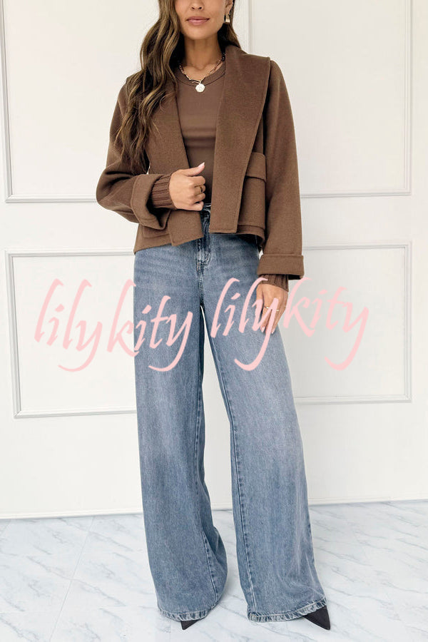 Comfortable Season Shawl Collar Open-front Long Sleeve Flap Pockets Crop Coat