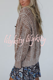 Casual V-neck Long-sleeved Striped Button-down Knitted Cardigan