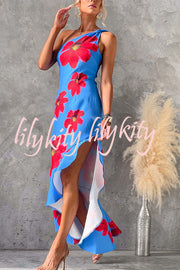 Stunning Muse Floral Print One Shoulder Irregular Ruffles Slit Maxi Dress