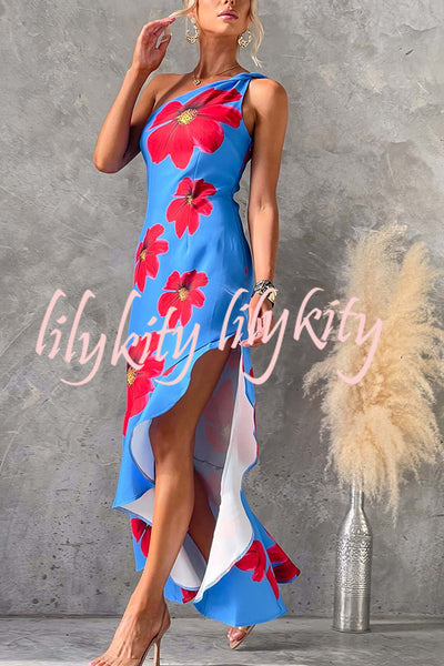 Stunning Muse Floral Print One Shoulder Irregular Ruffles Slit Maxi Dress