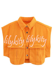 Stylish Weekend Denim Button Up Cape Sleeve Pocket Crop Top