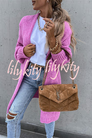 Solid Color V-neck Knitted Long-sleeved Oversized Midi Cardigan