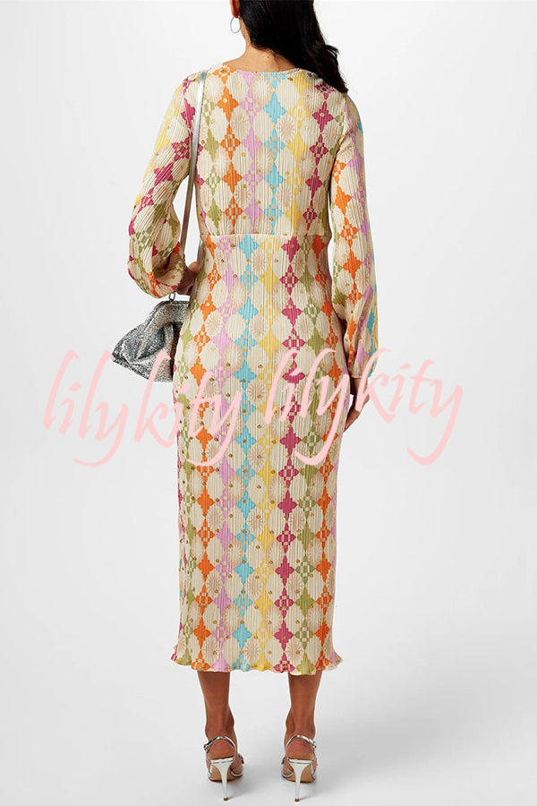 Gorgeous Sunshine Colorful Unique Print Kimono Puff Sleeve Midi Dress