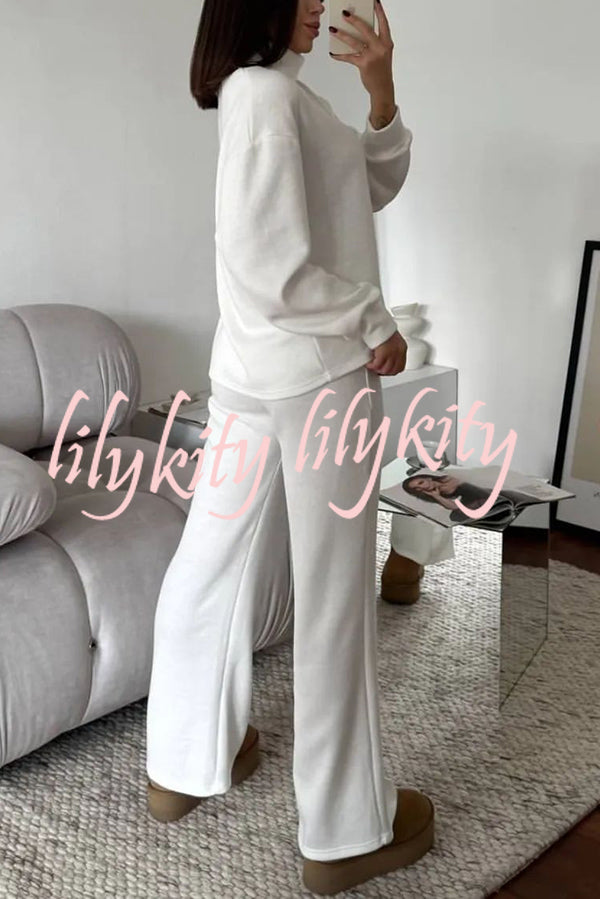 Solid Color Casual Knitted High Neck Long Sleeve Top and Elastic Waist Loose Pants Set