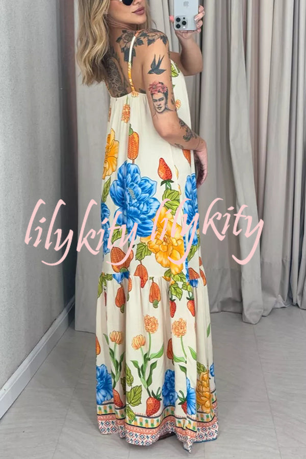 Floral Print Halter Back Loose Pocket Full Hem Maxi Dress