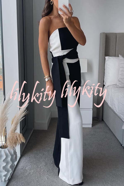 Social Hour Colourblock Tailored Bandeau Tie-up Waist Wide Leg Jumpsuit