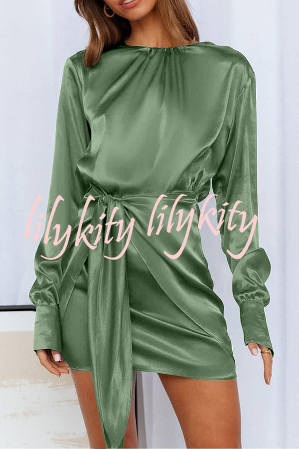 Satin Round Neck Long Sleeve Elastic Tie Mini Dress