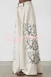 Elaina Linen Blend Floral Print Button Pocketed Wide Leg Palazzo Pant