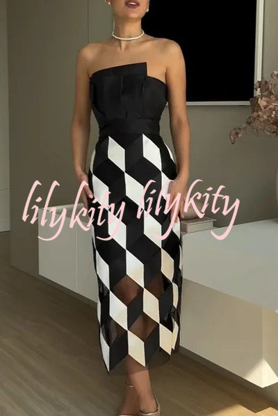 Sexy Tube Top and Backless Rhombus Contrast Midi Dress