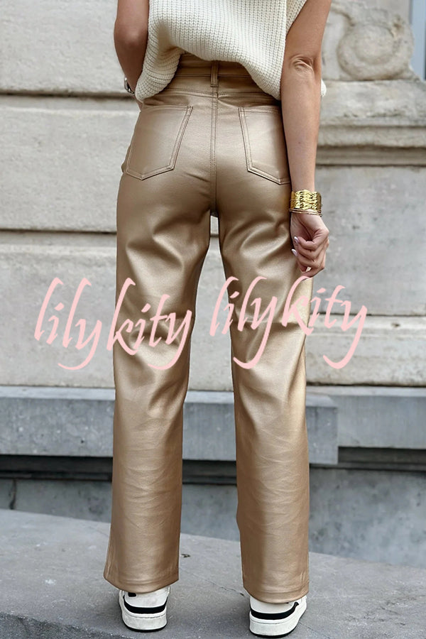 Stylish Metallic Fabric Pocket Casual Straight Wide-Leg Pants