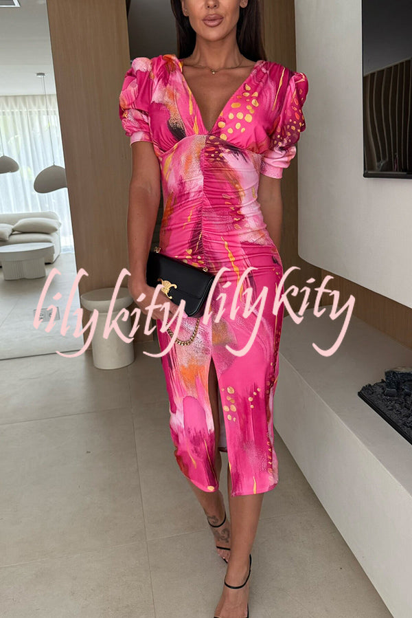 Unique Print V-Neck Puff Sleeve Slit Slim Midi Dress