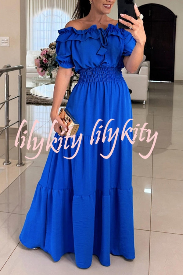 Admit Your Feelings Off Shoulder Smocked Waist Maxi Dress