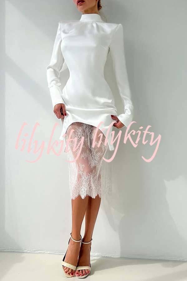 Melissa Satin High Neck Long Sleeve Curved Hem Top and Lace Midi Skirt Set