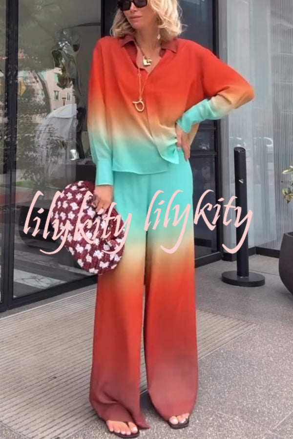 Neon Sunset Gradient Print Long Sleeve High Low Hem Blouse and Elastic Waist Loose Pants Set