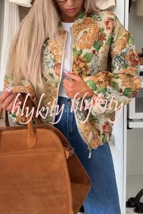 Floral Print Loose Long-sleeved Zip-up Jacket