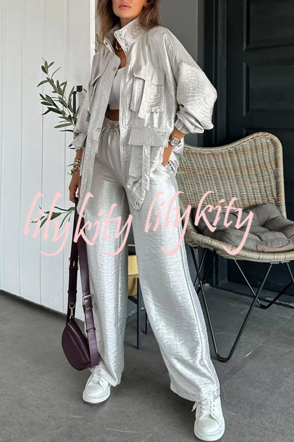 Easy on Me Metallic Fabric Elastic Waist Pocketed Wide Leg Pants