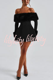 Cute and Luxe Faux Fur Trim Off Shoulder Bubble Shaped Mini Dress