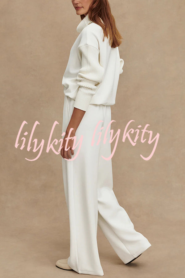 Morning Coffee Walks Ribbed Turtleneck Long Sleeve Sweatshirt and Elastic Waist Pocketed Loose Pants Set