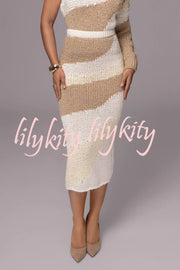Soft Autumn Knit Colorblock High Rise Elastic Waistband Stretch Midi Skirt
