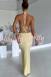 Effortlessly Cool and Sexy Knit Crochet Cutout Halter Tie-up Stretch Maxi Dress