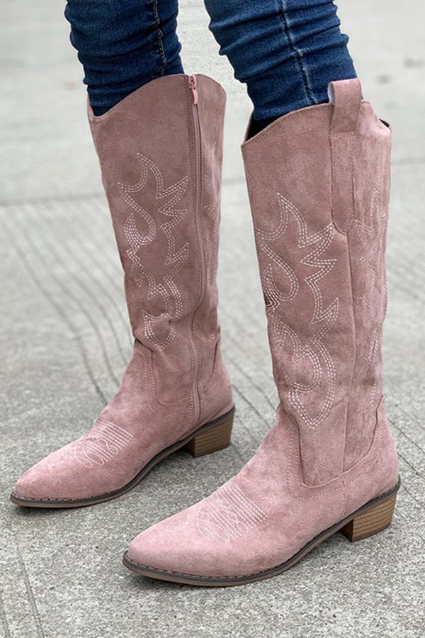 Retro Embroidered Block Heel Mid-calf Western Cowboy Martin Boots