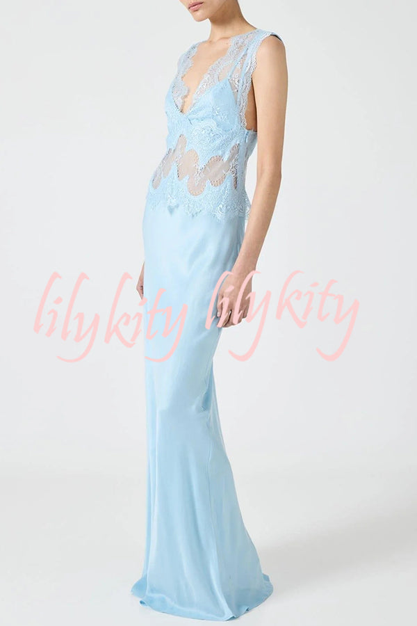 Wonderful Fusion Satin Lace Trim See-through Waist V-neck Drape Maxi Dress