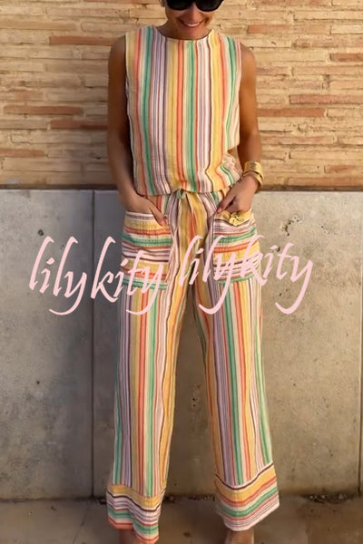 Tylah Linen Blend Colorful Striped Back Button Vest and Elastic Waist Pocket Loose Pants Set