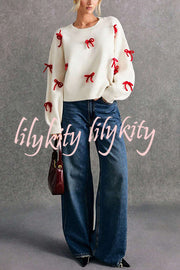 Christmas Bow Round Neck Loose Long Sleeve Knitted Sweater