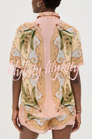 Royalty Unique Print Button Up Short Sleeve Shirt and Elastic Waist Pocketed Loose Shorts Set