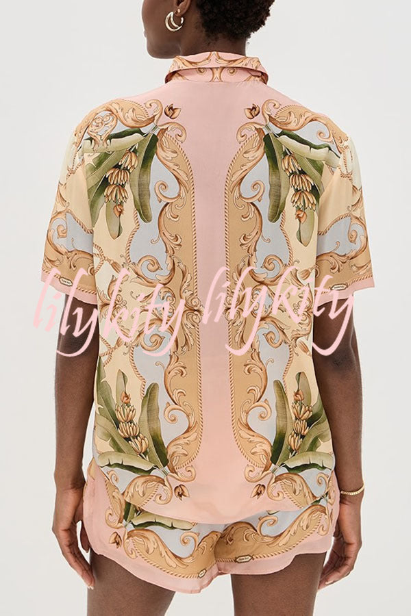 Royalty Unique Print Button Up Short Sleeve Shirt and Elastic Waist Pocketed Loose Shorts Set