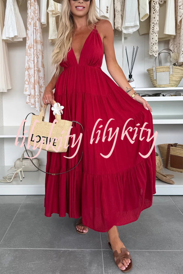 Bohemian Style V-neck Backless Slip Layered Vacation Maxi Dress