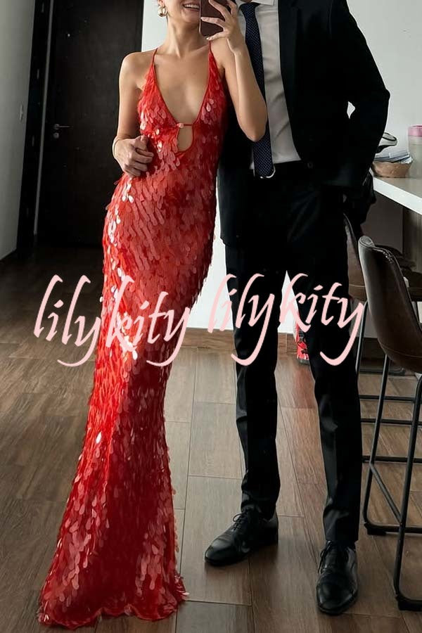 Reshape Beauty Fish Scale Sequin Cutout U-neck Slip Maxi Dress