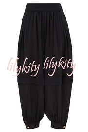 Esella Satin Gathered Waist Pocket Button Ankle Cuffs Harem Pant